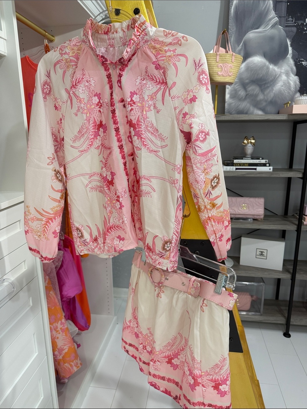 Chicwish Pink and Cream Floral Ruffle Jacket & Skirt Set